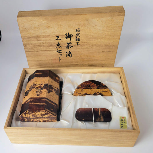 Japanese tea caddy chazutsu - Sakura Kawa - Grape motif - Three-piece set