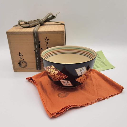 Kyōyaki Matcha Bowl “Ninsei Shikishi Waka” 仁清色紙和歌 Kato Shōka